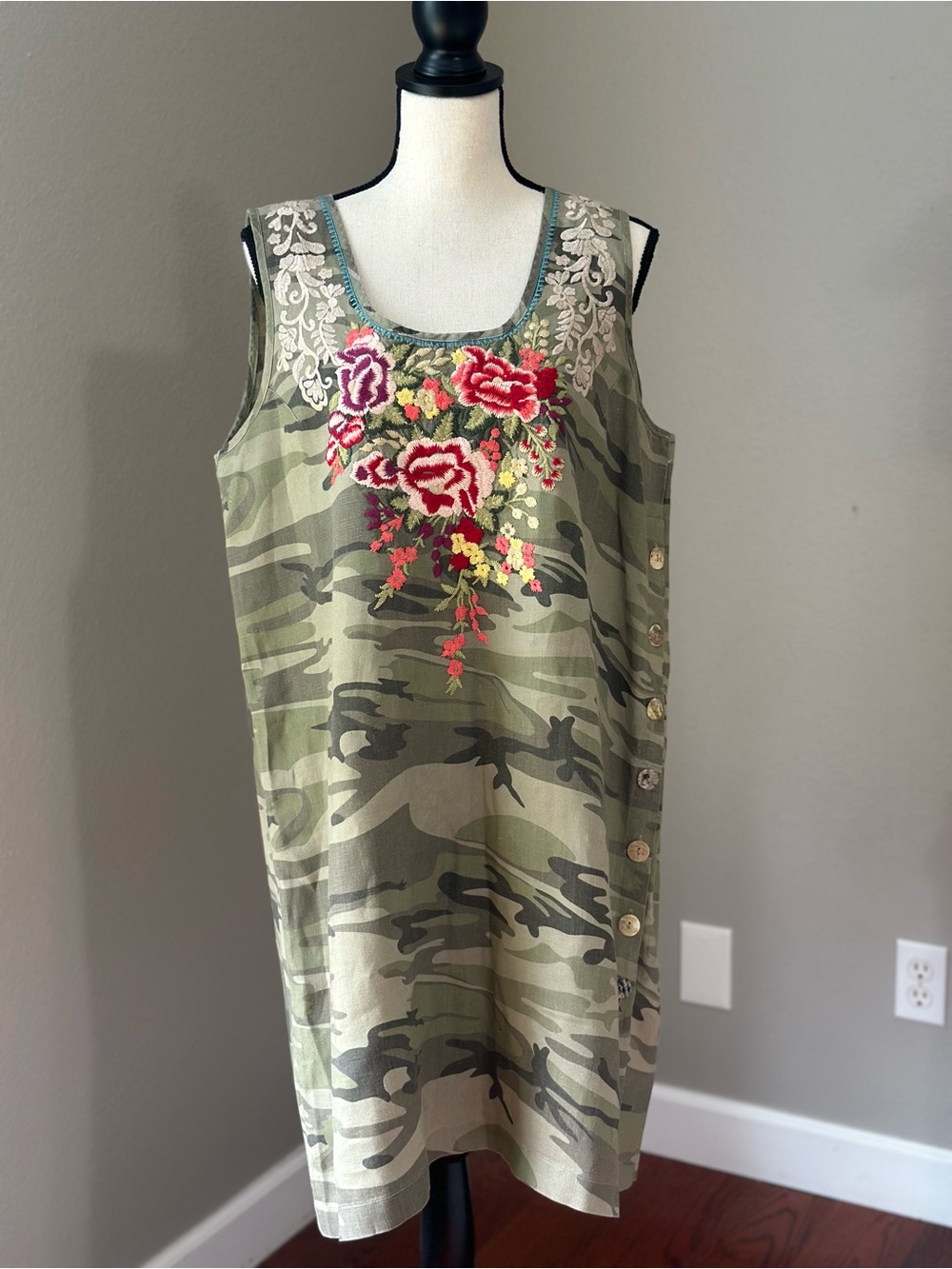 Johnny Was Green Camouflage Mini Dress with Floral Embroidery